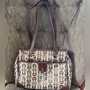 Etienne Aigner jacquard logo fabric and brown leather shoulder handbag